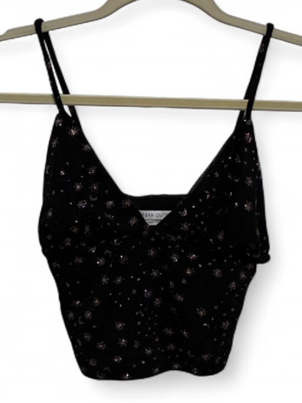 Urban Outfitters Black Glittery Celestial V-Neck Cropped Velvet Cami Tank Top